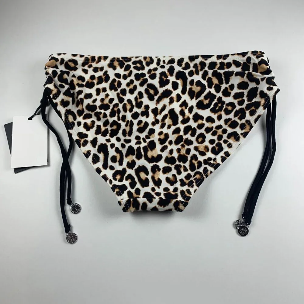 DKNY Bikini Bottom Women Small Beige Black Leopard Print Side-Tie Swimwear Beach
